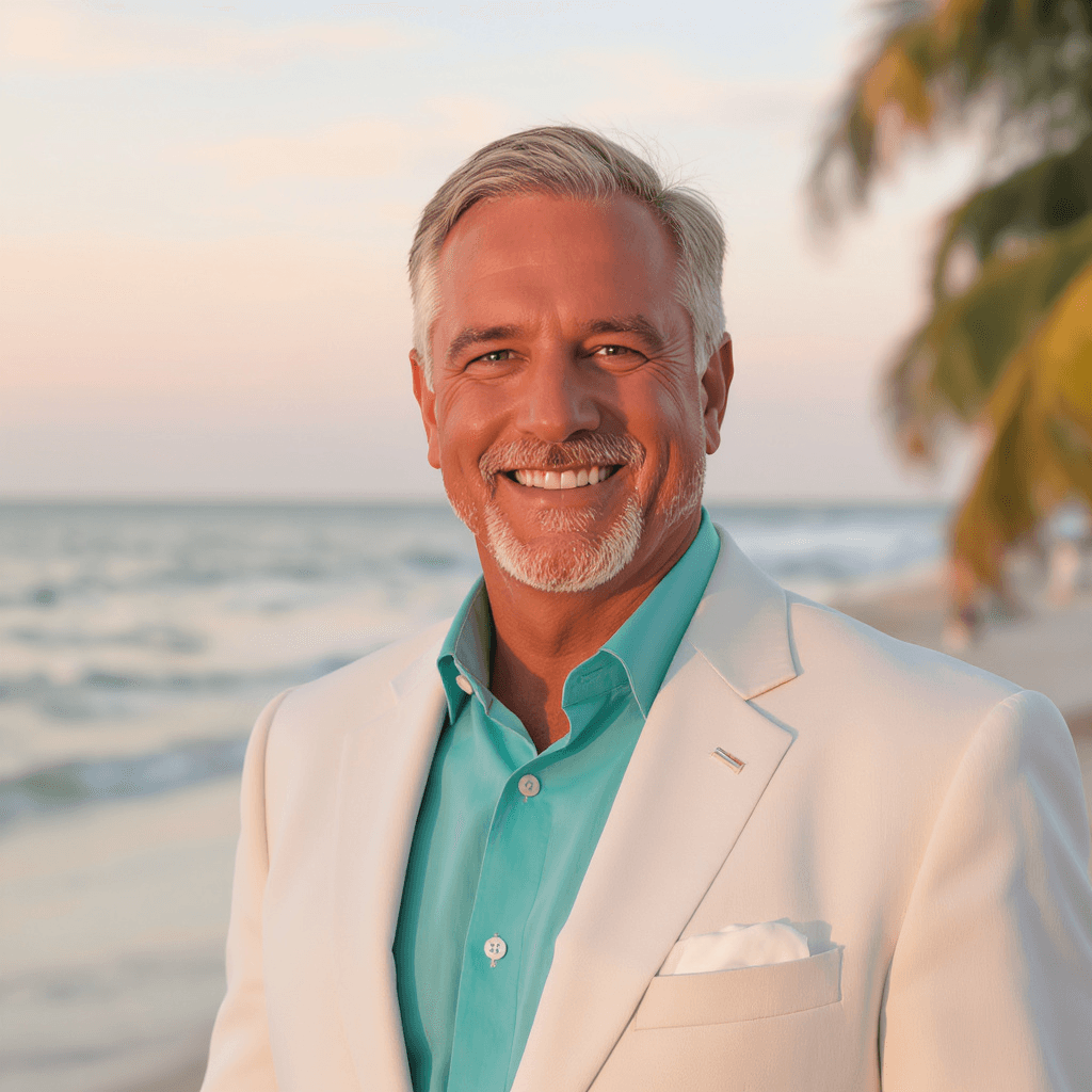 Wedding officiant Stephen Littlejohn smiles beside the Gulf of Mexico at St. Pete Beach, Florida, with palm trees and calm water behind him